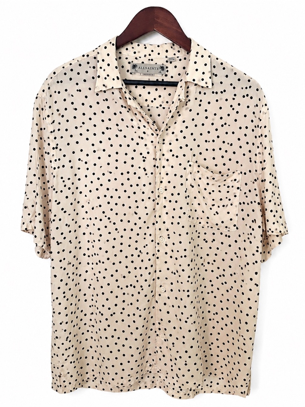 AllSaints Electro Relaxed Fit Polka Dot Camp Collar Shirt L 100% ECOVERO Viscose